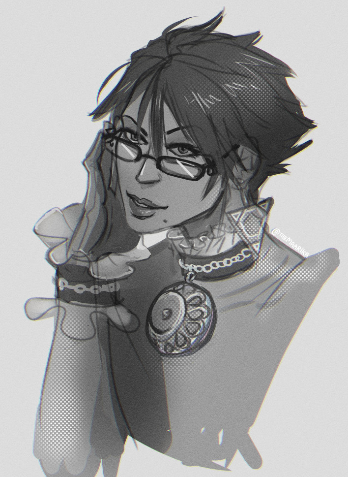 A black and white sketch of Bayonetta.