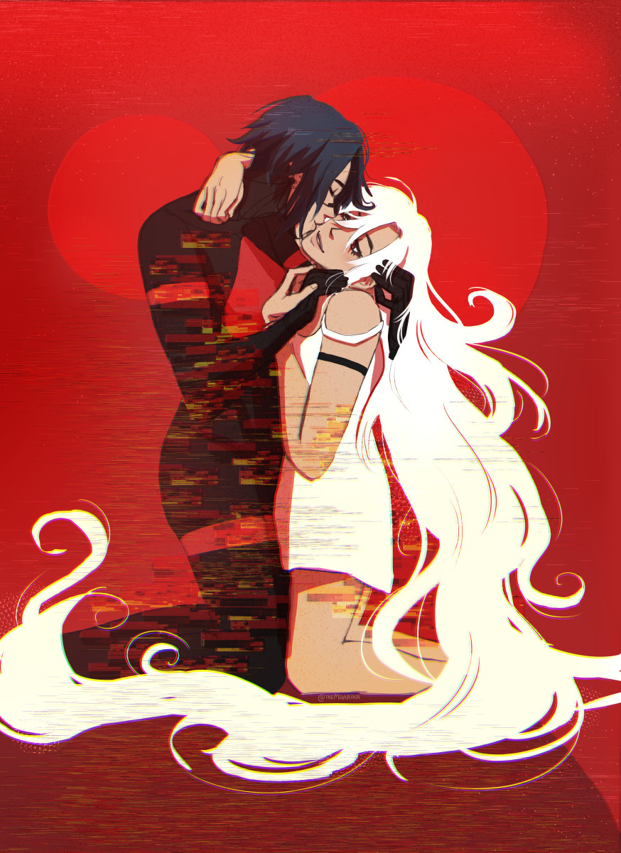 Illustration of Elster and Ariane from SIGNALIS. Drawn in the style of Gustav Klimt's "The Kiss" painting but with more red and glitch effects for texture.