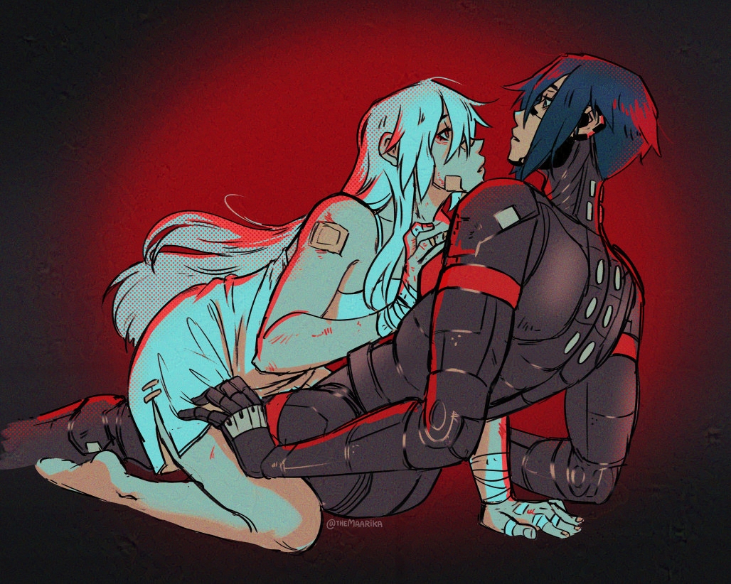 SIGNALIS fanart of Ariane crawling on Elster's lap. They look longingly into each other's eyes as a yuri couple does. Ariane has long white hair and a white dress. There is a red glow in the background.