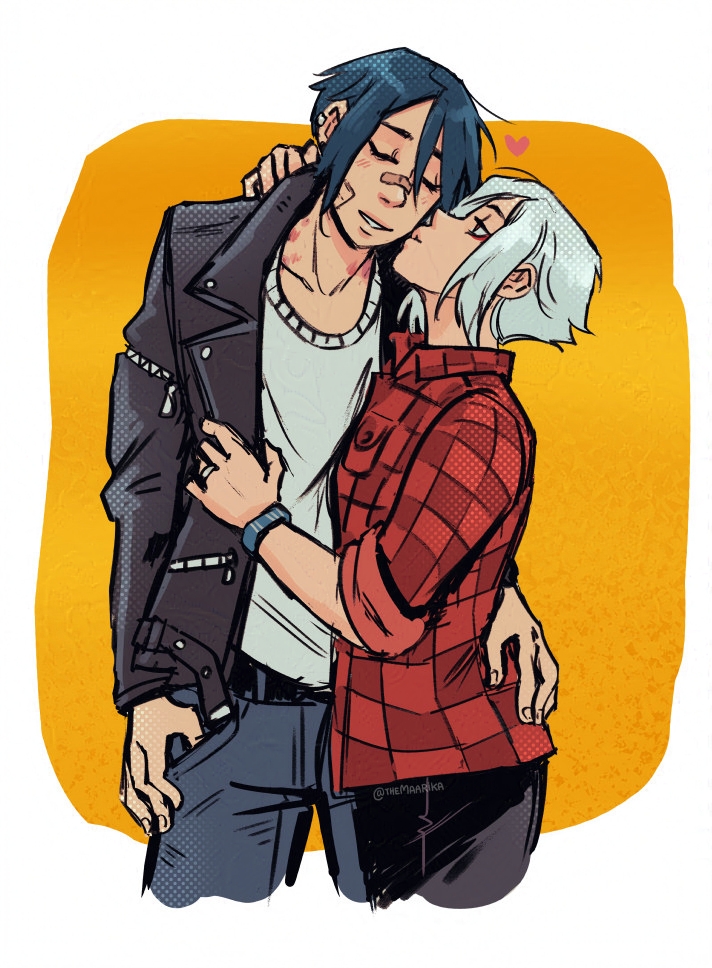 SIGNALIS fanart of the human version of Elster wearing a leather jacket and a white shirt and Ariane wearing a red plaid shirt. Ariane has short white hair and she is reaching up, kissing Elster on the cheek. 