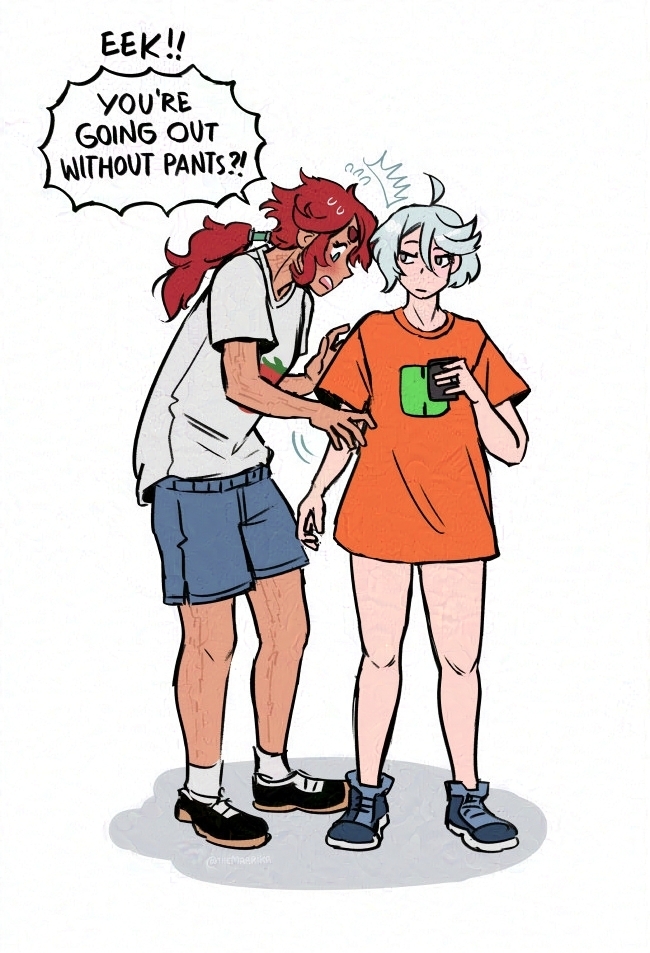 G witch fan comic where Suletta is staring at Miorine who is wearing Suletta's oversized orange t-shirt and seemingly nothing else. Suletta: "EEK!! You're going out without pants?!"