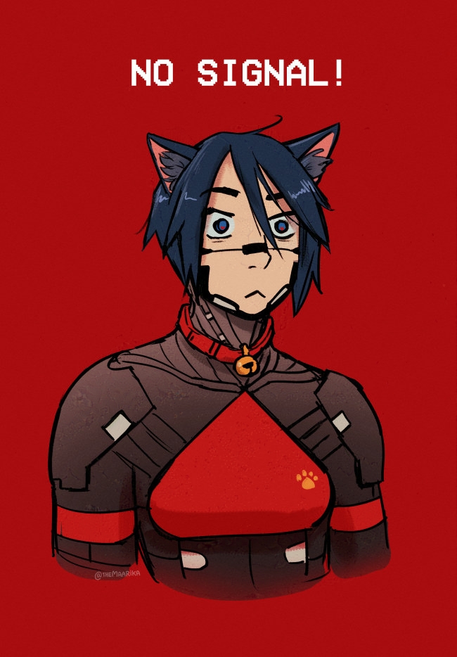 Fanart of Elster from SIGNALIS as a catgirl. She has cat ears and a stunned expression. The text on the red background reads "NO SIGNAL!"