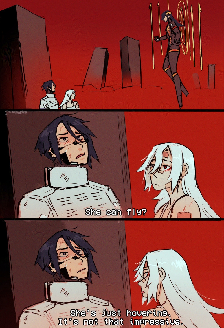 A SIGNALIS fan comic based on a scene from Jennifer's Body. First panel: Elster and Ariane look at Falke hovering in the red void. Second panel: close up of Elster and Ariane's faces. Elster's expression is a mix of puzzlement and surprise. Text: "She can fly?". Third panel, same image as previous panel but Ariane is facing away from Falke and replying. Text: "She's just hovering. It's not that impressive."