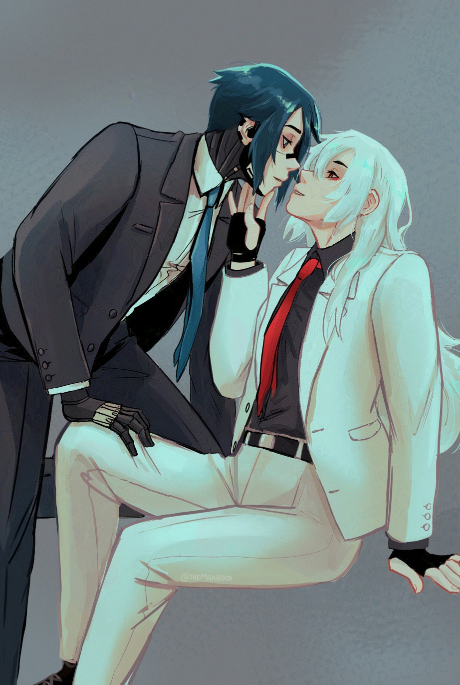 Fanart of Elster and Ariane from SIGNALIS staring into each other's eyes, almost kissing. Both of them are women dressed in suits but Elster is wearing a dark suit and white shirt with a blue tie. She has short dark hair and she is an android. Ariane is human with long white hair and she is wearing a white suit, a dark shirt and a red tie.