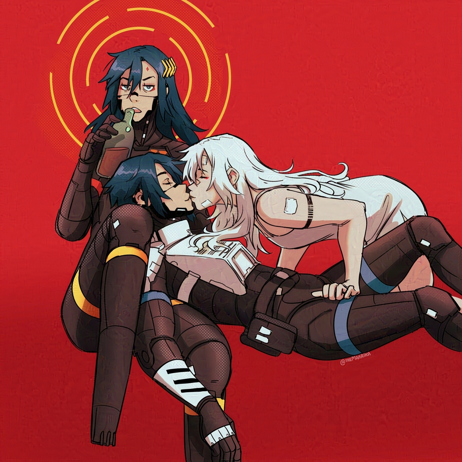 Fanart of SIGNALIS depicting Falke, Elster and Ariane on a red background. Falke sitting and drinking and looking annoyed while Elster is leaning on her. Ariane and Elster are about to kiss. Ariane is a woman with white hair and a white dress. Both Falke and Elster are androids with blue hair. Falke has long hair while Elster is wearing her white armor.