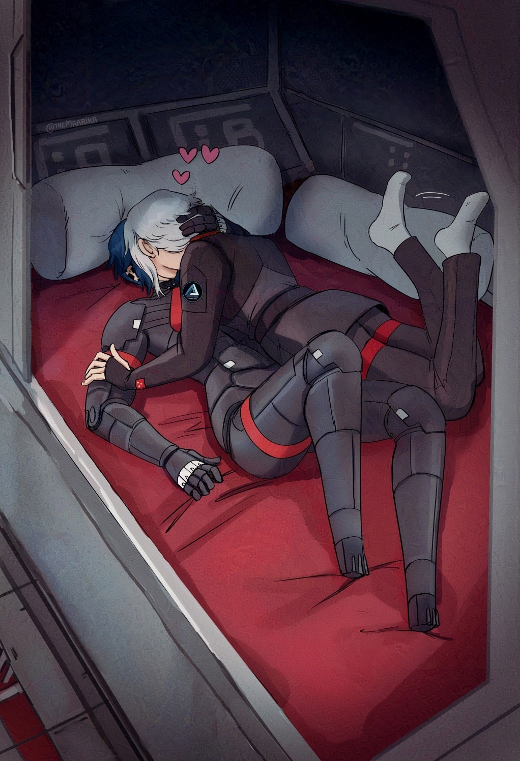 SIGNALIS fanart of Elster and Ariane in Ariane's bed. They are kissing.