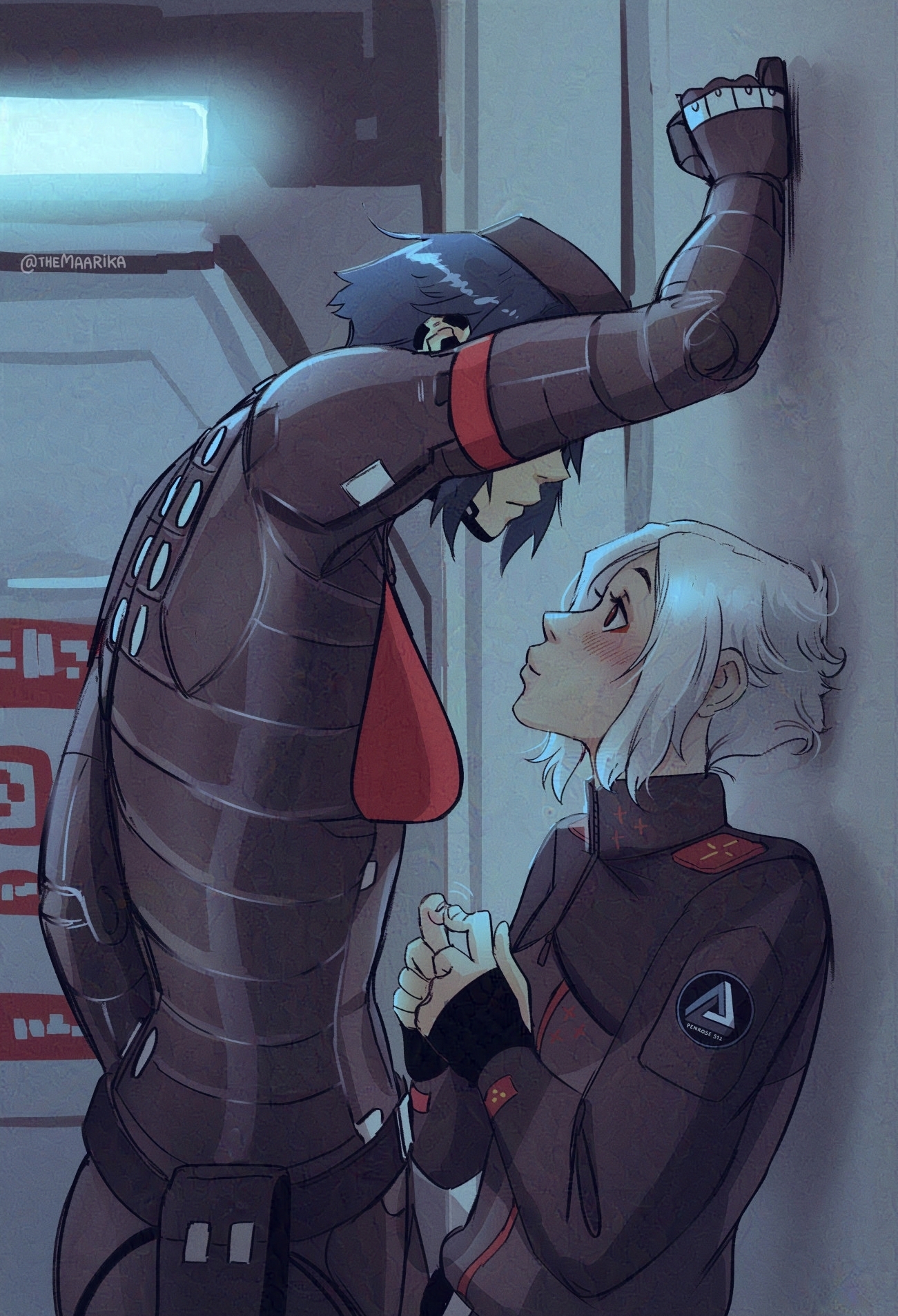 Fanart of Signalis depicting Ariane and Elster who are yuri couple. Elster is an android, she is leaning on the wall with one arm and looking down at Ariane. Her face is obscured by her arm. Ariane is a woman with short white hair and she is shorter than Elster. She is looking up at Elster and blushing.