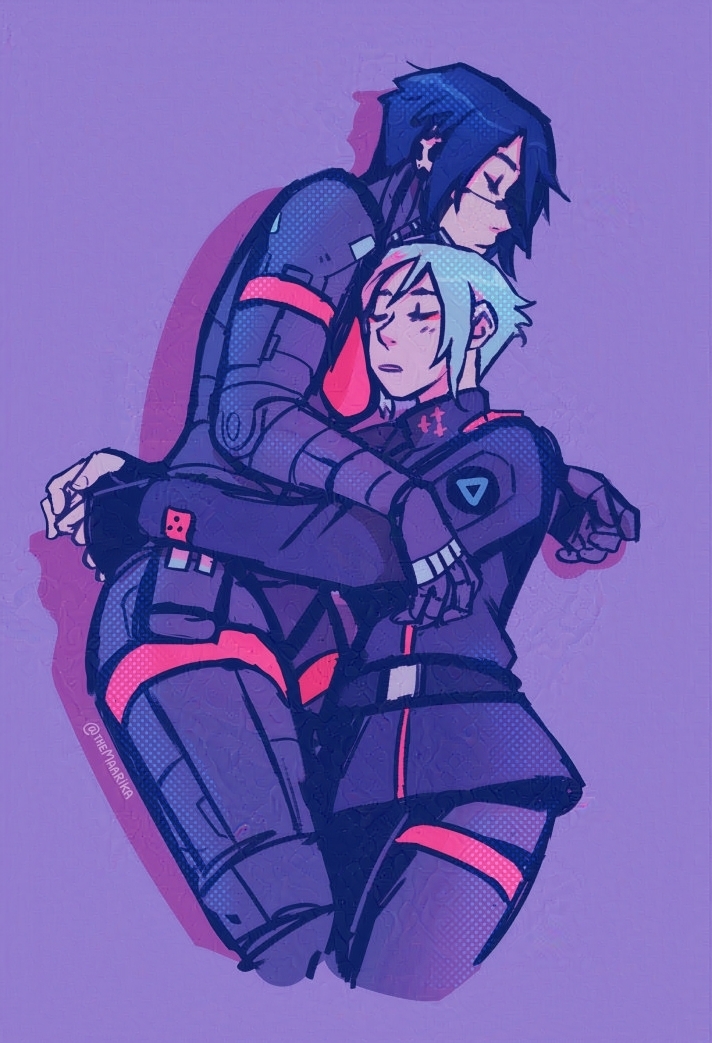 Signalis fanart of Elster and Ariane having a nap in each other's arms. Ariane is hugging Elster and her head is on Elster's chest. The background is a purple color fill and color palette is mostly blue and violet, with red accents in bright saturated tones.