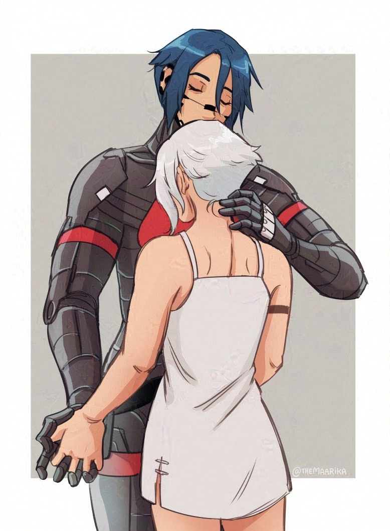 Signalis fanart of Elster and Ariane. Elster is an android with short blue hair and Ariane is a woman with short white hair and a white dress. Elster's left hand is gently touching the back of Ariane's neck as she is kissing Ariane's head. Her eyes are closed. Ariane's face is not visible since she is facing towards Elster but her left hand is entwined with Elster's right hand.