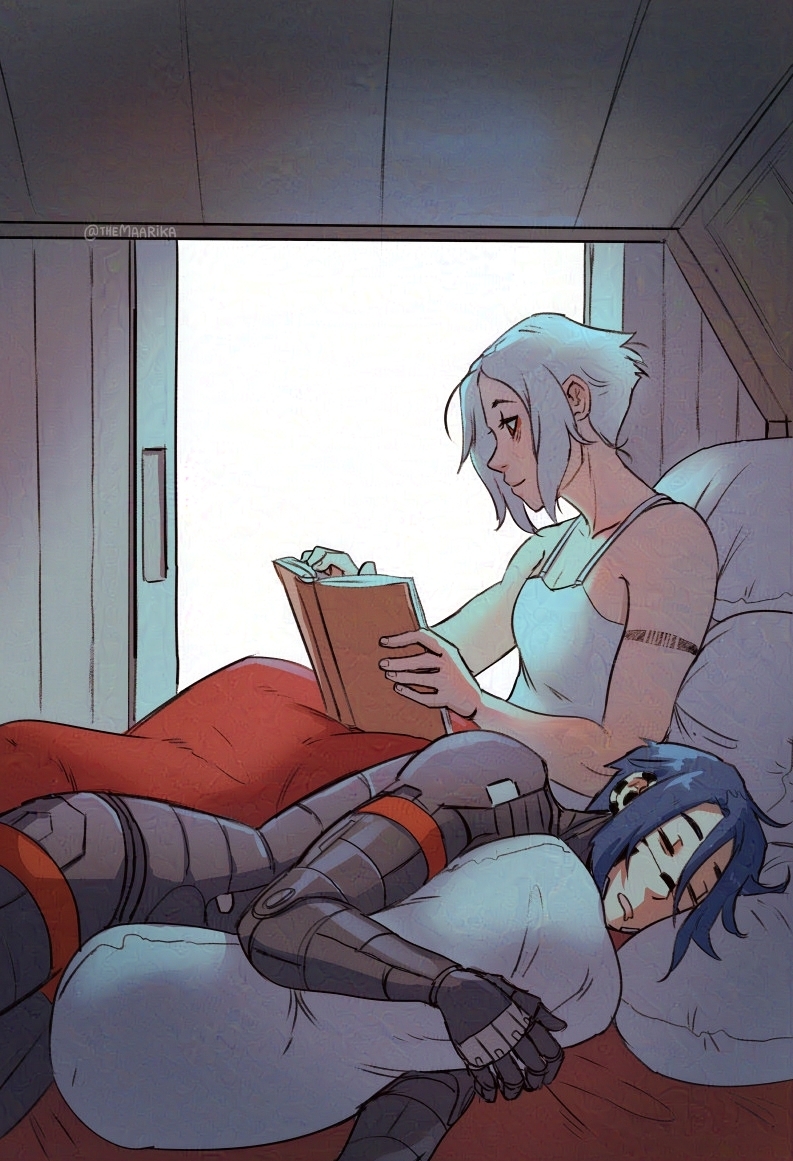 Signalis fanart of Elster and Ariane in bed. Arine is propped up by pillows and reading a book while Elster is facing away from her and cuddling a pillow, already asleep.