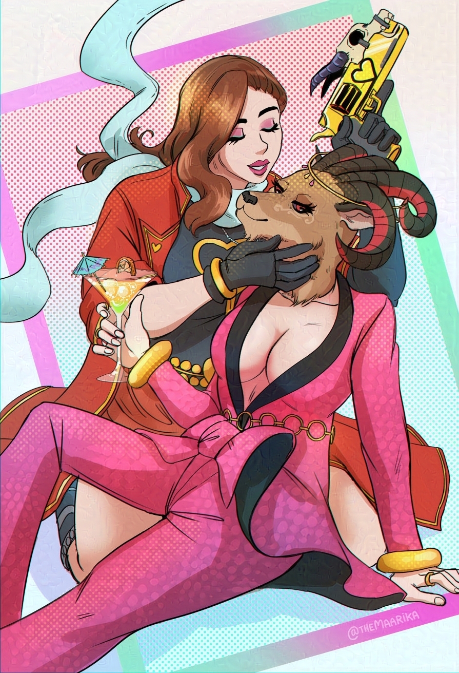 Fanart of Paradise Killer depicting Lady Love Dies and Crimson Acid. Both of them are women. Lady Love Dies is smiling and leaning over Crimson Acid with one hand placed on Crimson's neck and her other hand is holding a gun. She is wearing a red coat with gold highlights, a red skirt and a black shirt. Crimson is holding a fancy drink in one hand while leaning on her other hand for support. She has a goat head and a human body and she's wearing a bright pink suit like outfit with a revealing cleavage. 
